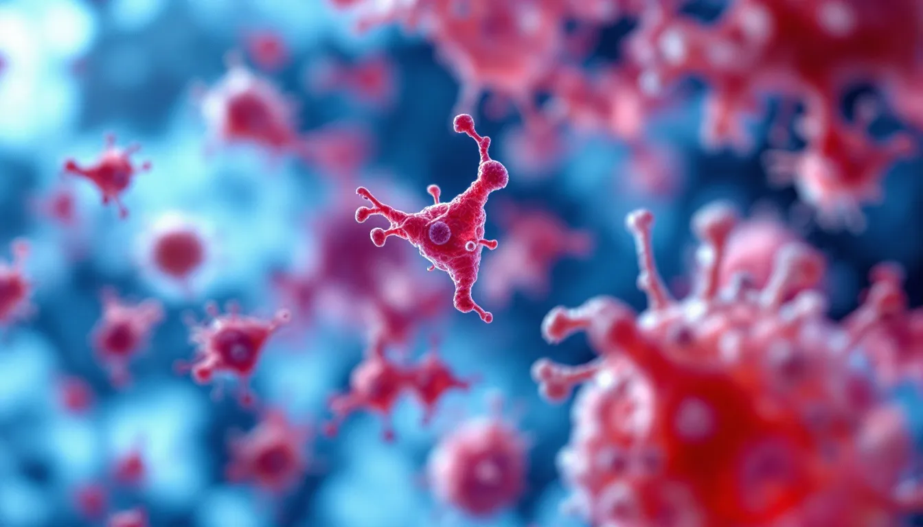 An artistic depiction of cancer cells and T cells interacting, showcasing thymosin alpha 1's potential in cancer research.