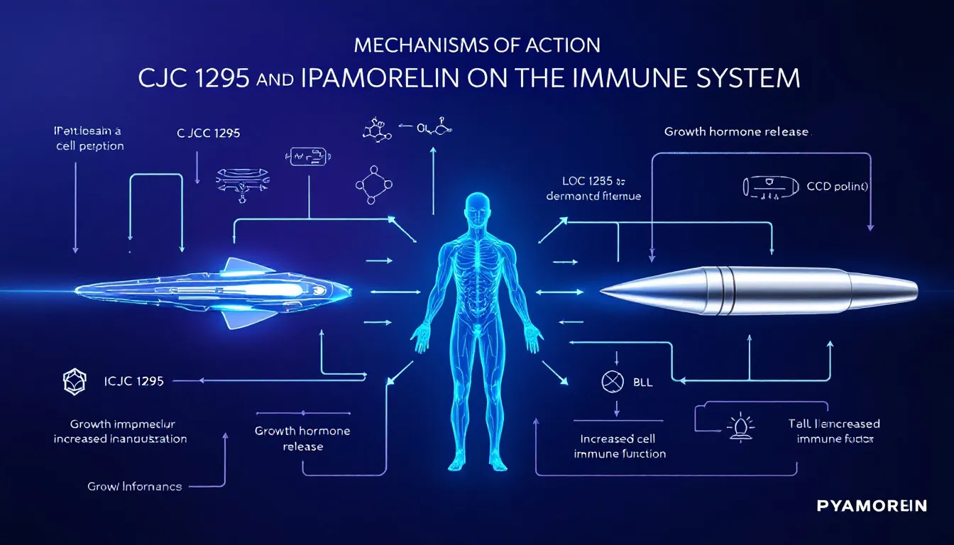 A diagram illustrating the mechanisms of action of CJC 1295 and Ipamorelin on the immune system.