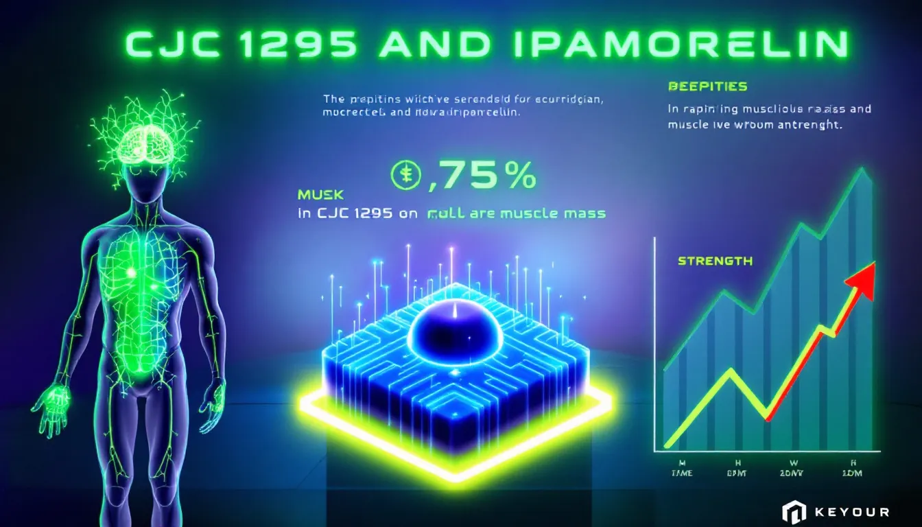 An infographic showcasing the key benefits of CJC 1295 and Ipamorelin, including muscle growth and fat loss.