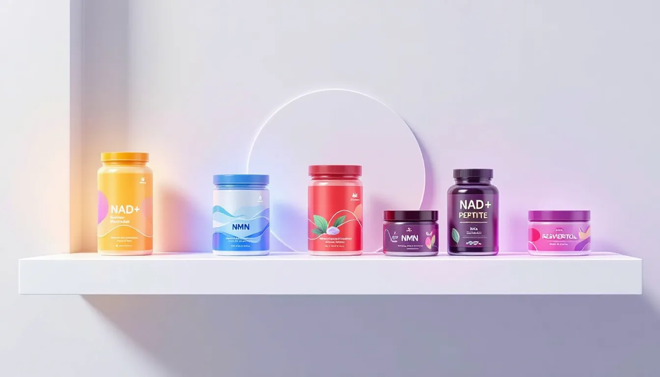 Various NAD peptide products displayed on a shelf.