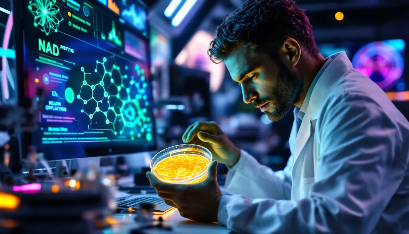 A researcher examining NAD peptide effects in a lab setting.