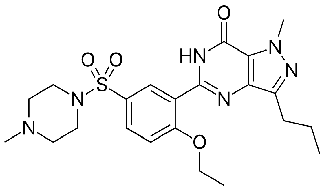 Chemical structure of Sildenafil, a phosphodiesterase type 5 inhibitor from Loti Labs for research use.