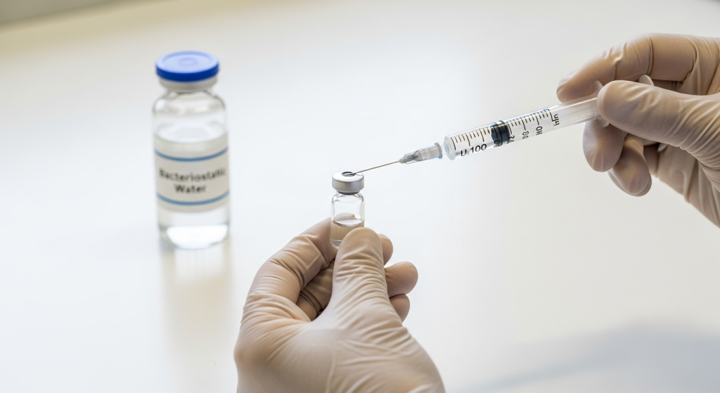Researcher holding peptide vial and insulin syringe over lab bench for reconstitution