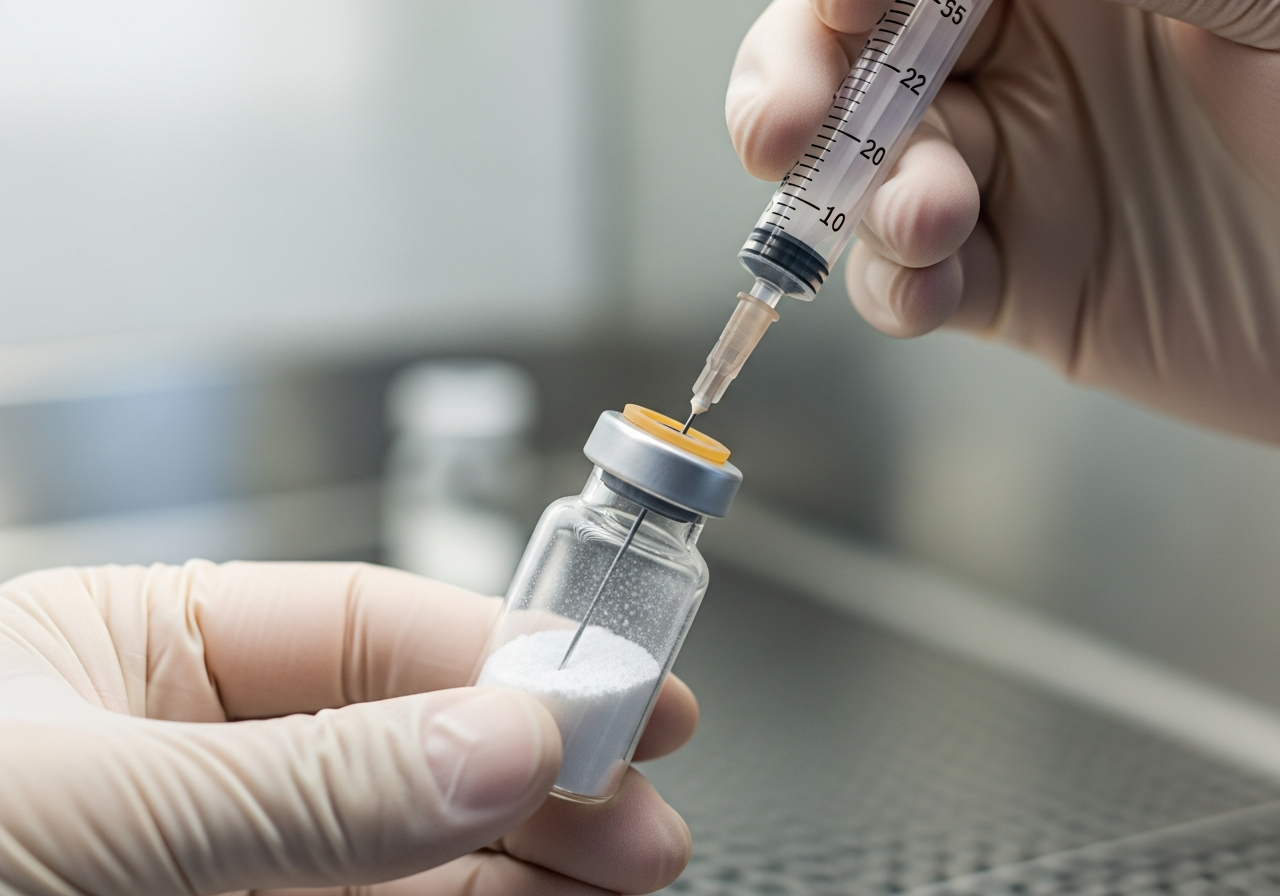 Researcher reconstituting lyophilized peptide powder using a syringe
