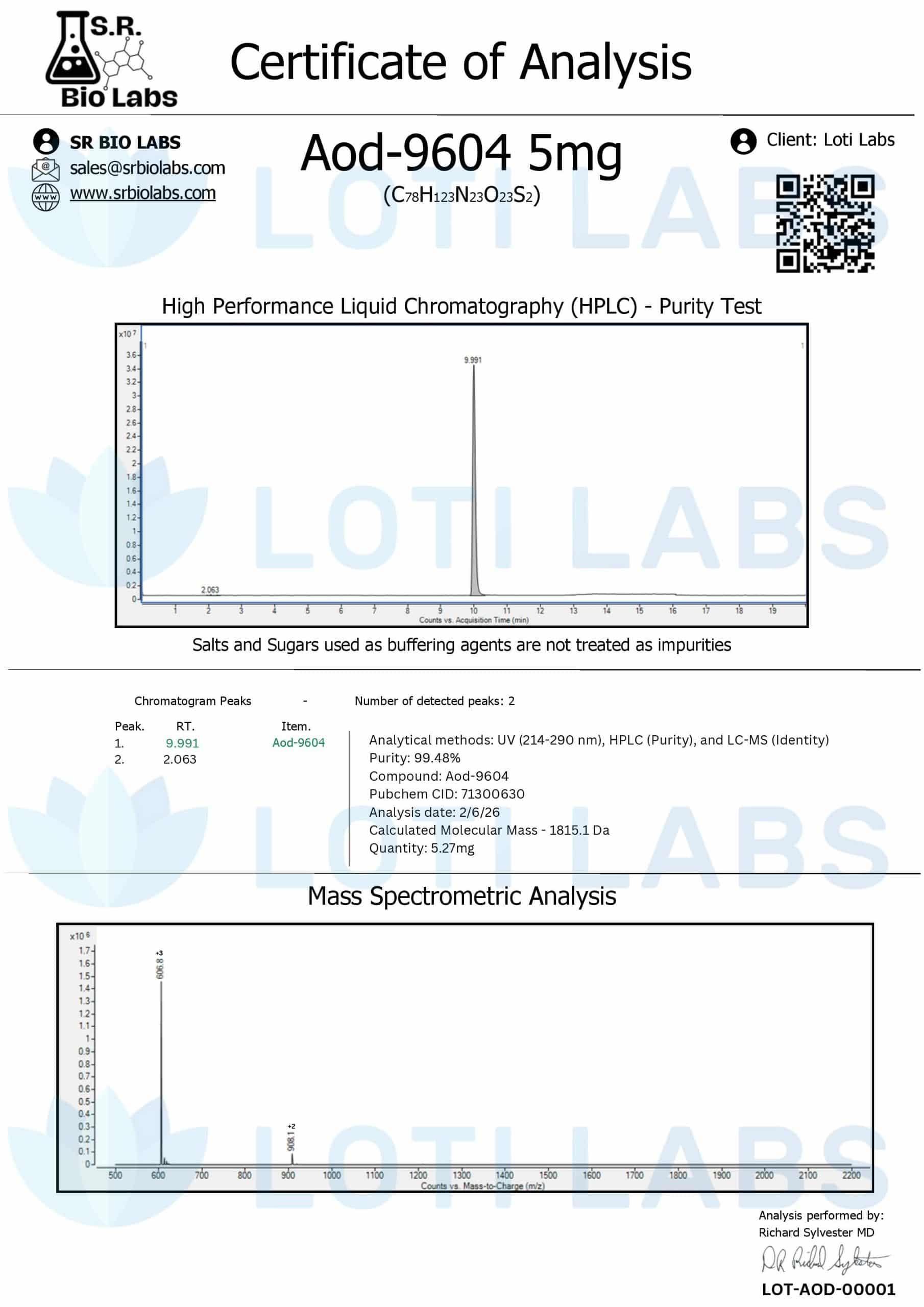 Certificate of analysis for AOD-9604 5mg, tested 2026-02-06, batch LOT-AOD-00001.