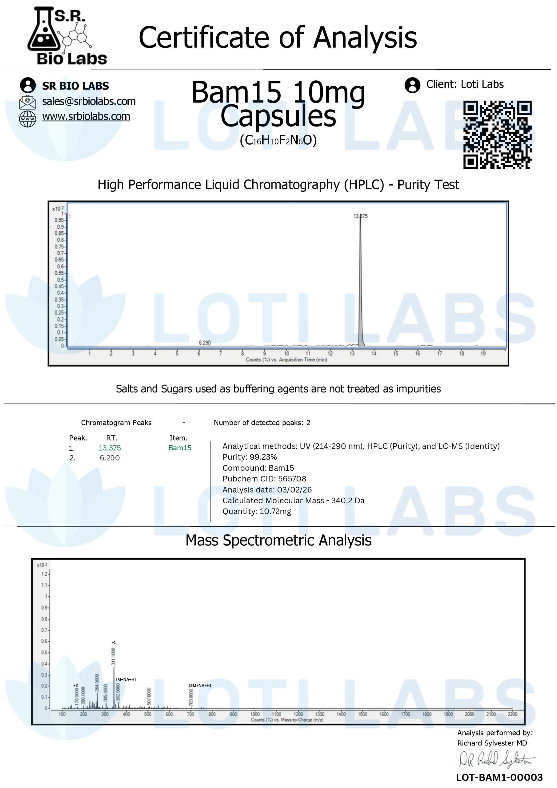 Certificate of analysis for BAM15 capsules, tested 2026-03-02, batch LOT-BAM1-00003.