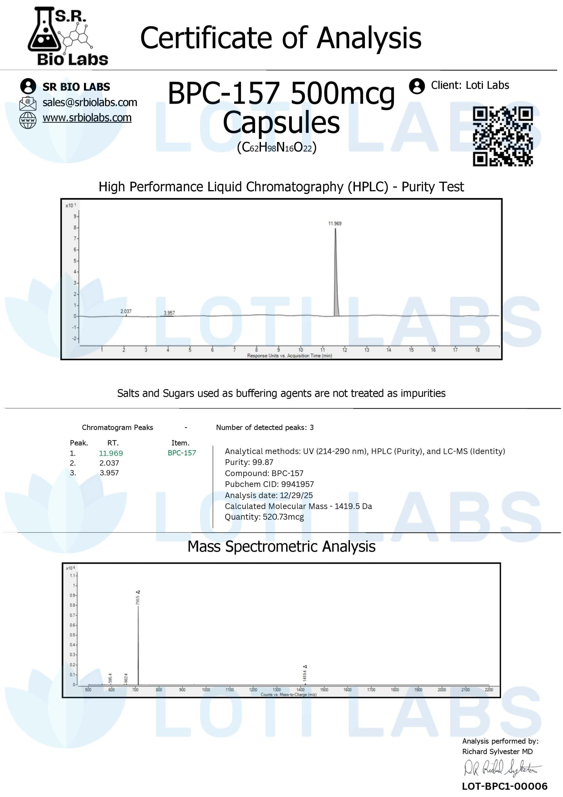 Certificate of analysis for BPC-157 capsules, tested 2025-12-29, batch LOT-BPC1-00006.