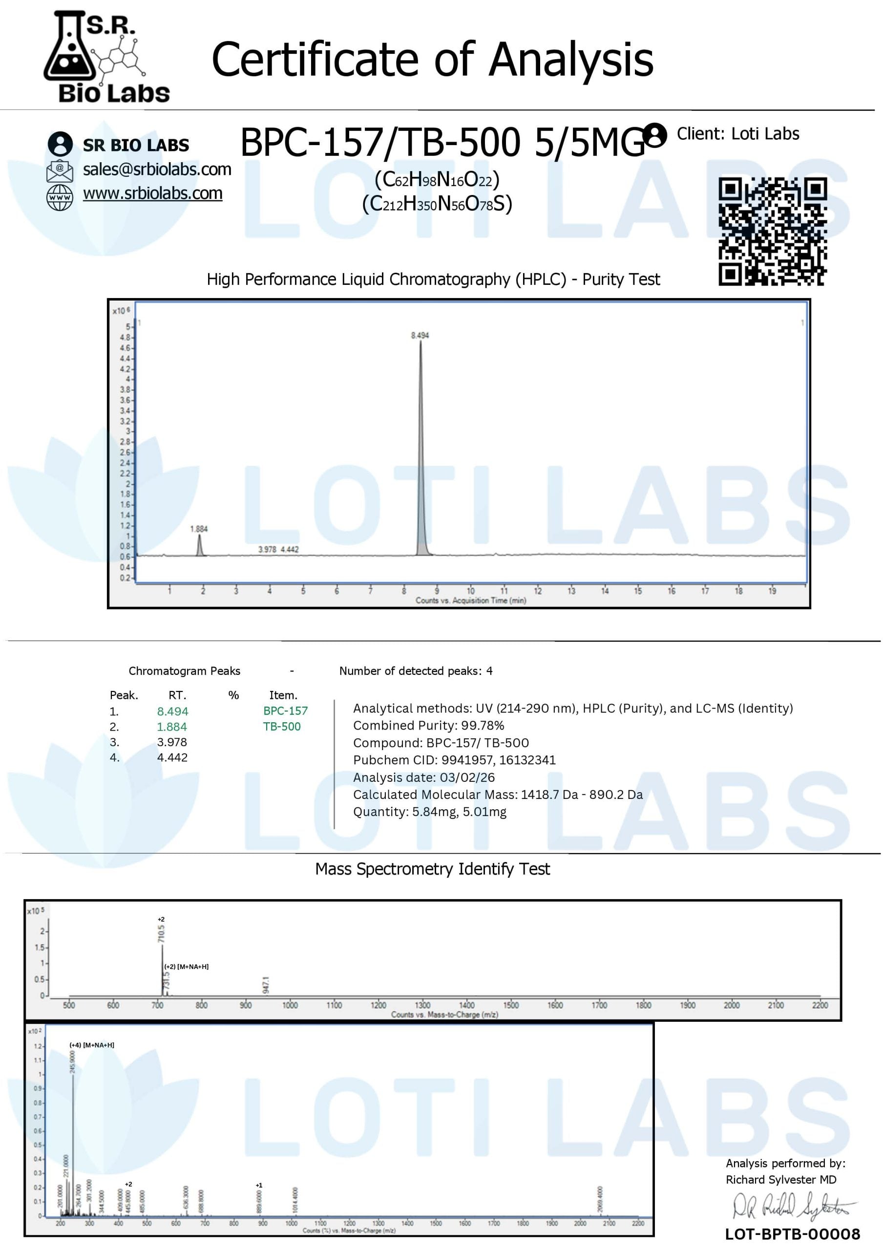 Certificate of analysis for BPC/TB blend, tested 2026-03-02, batch LOT-BPTB-00008.