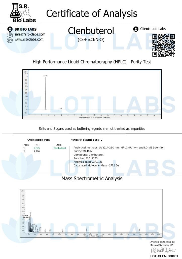 Certificate of analysis for Clenbuterol, tested 2026-03-21, batch LOT-CLEN-00001.