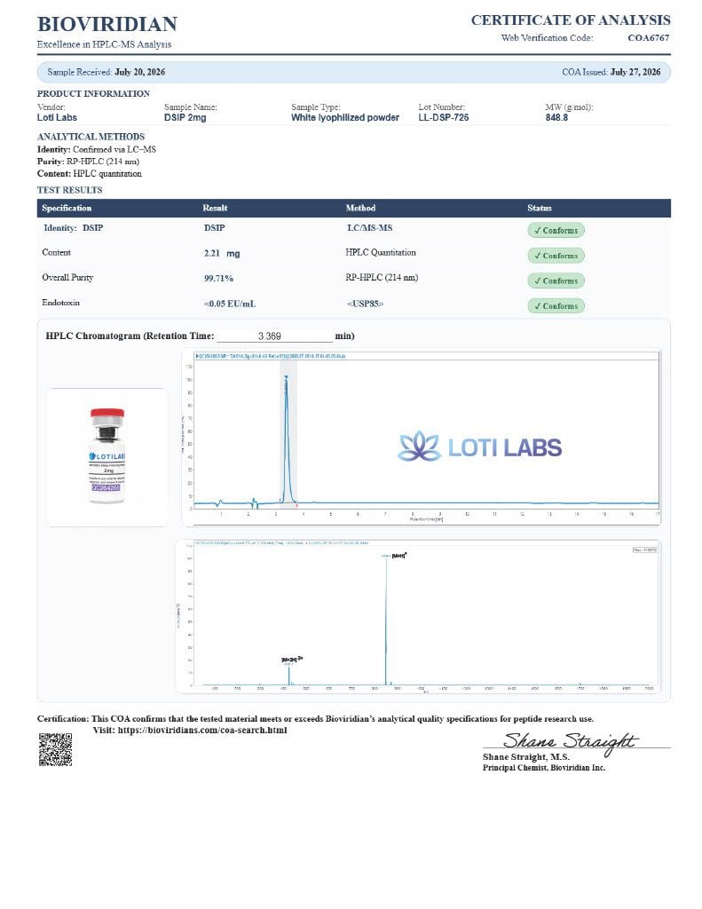 Certificate of analysis for DSIP 2mg, tested 2026-07-27, batch LL-DSP-726.