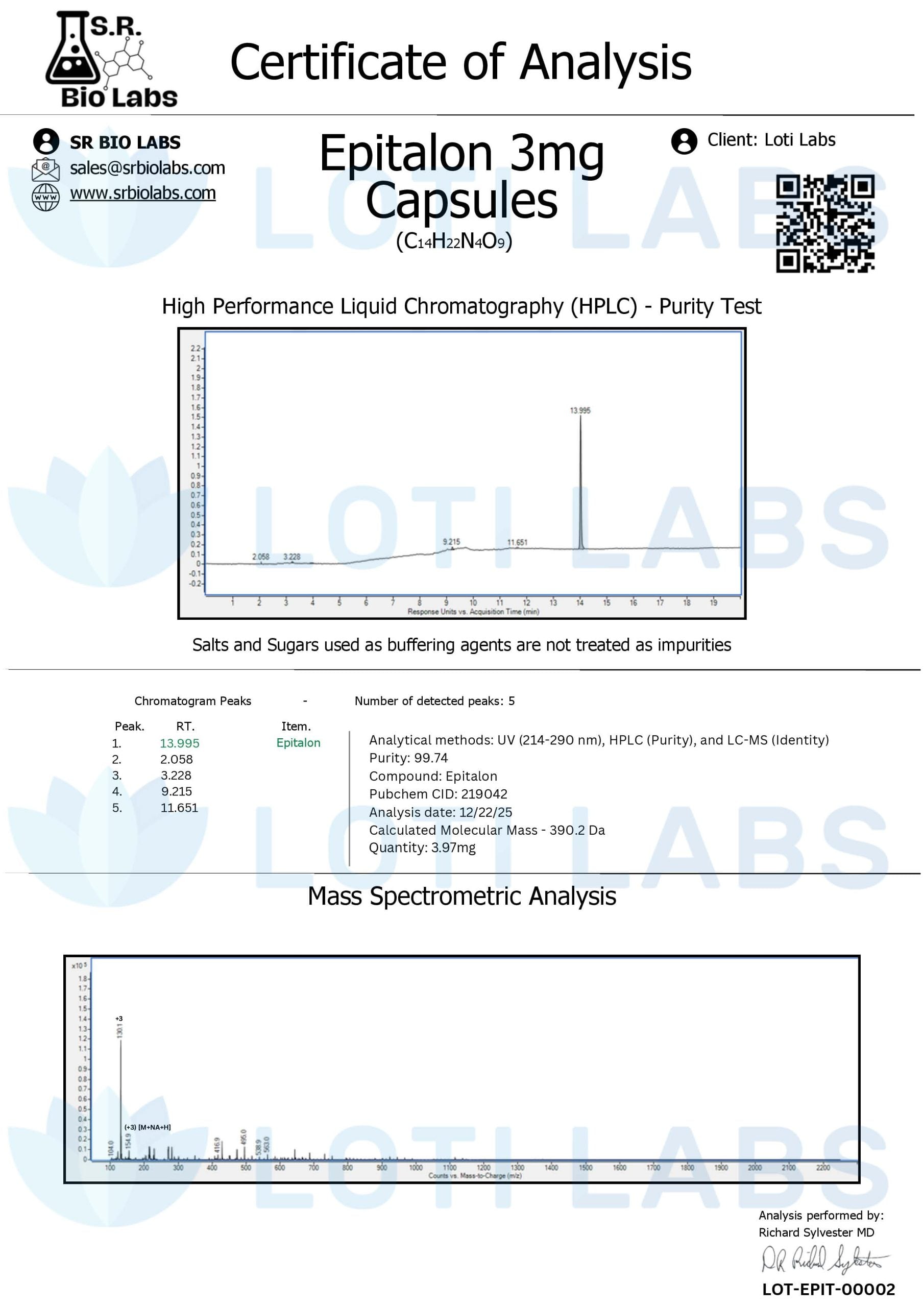 Certificate of analysis for Epitalon capsules, tested 2025-12-22, batch LOT-EPIT-00002.