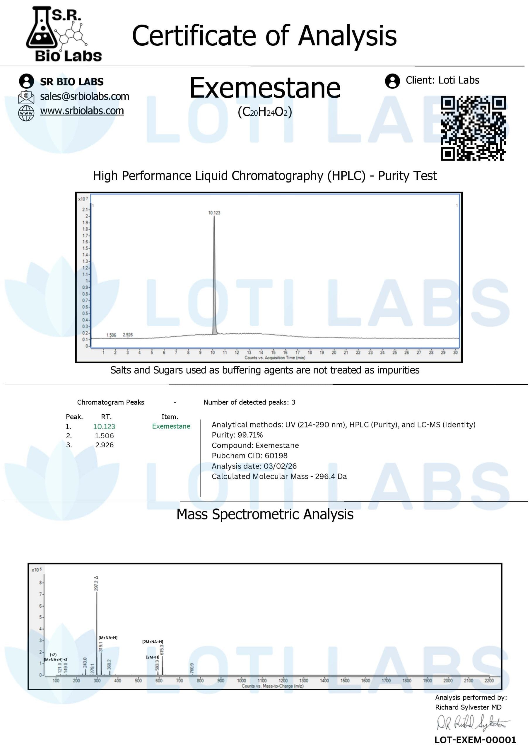 Certificate of analysis for Exemestane, tested 2026-03-02, batch LOT-EXEM-00001.