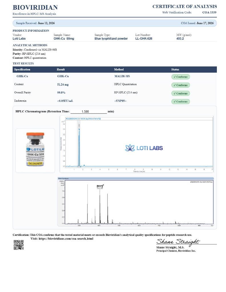 Certificate of analysis for GHK-Cu 50mg, tested 2026-06-17, batch LL-GHK-526.