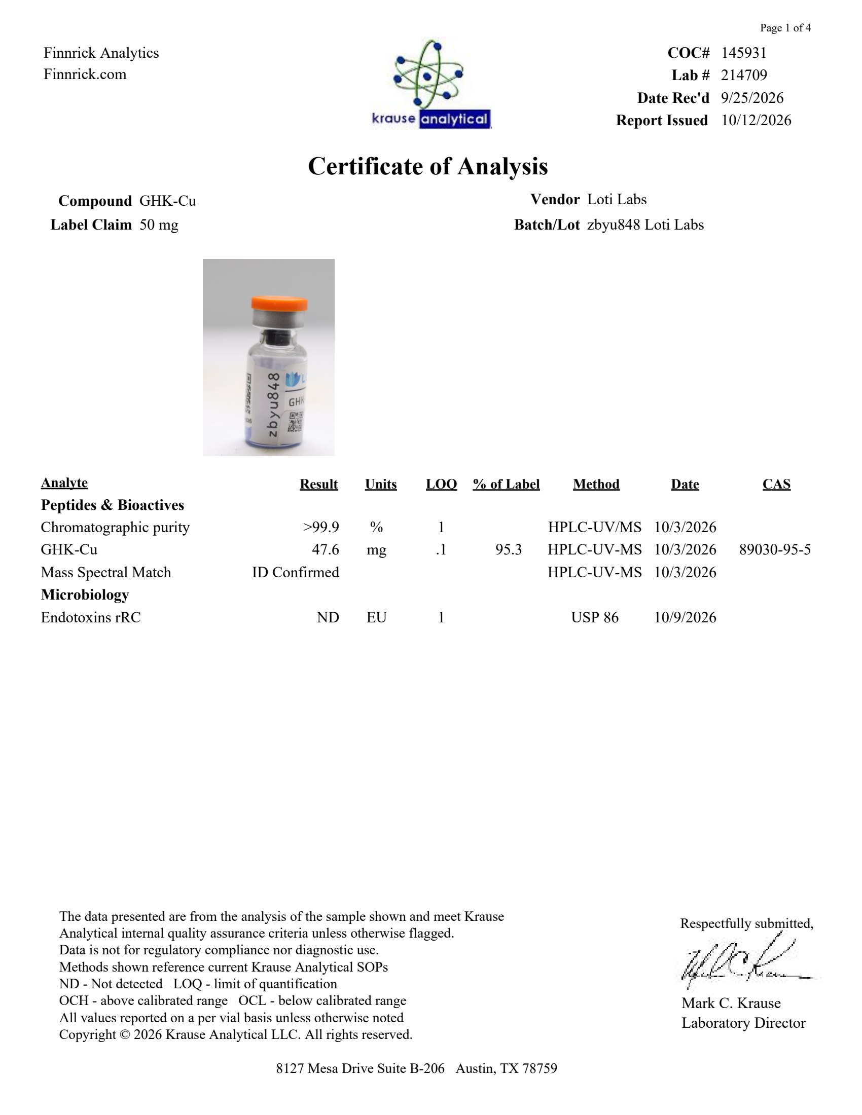 Certificate of analysis for GHK-Cu 50mg, tested 2026-10-12, batch zbyu848.