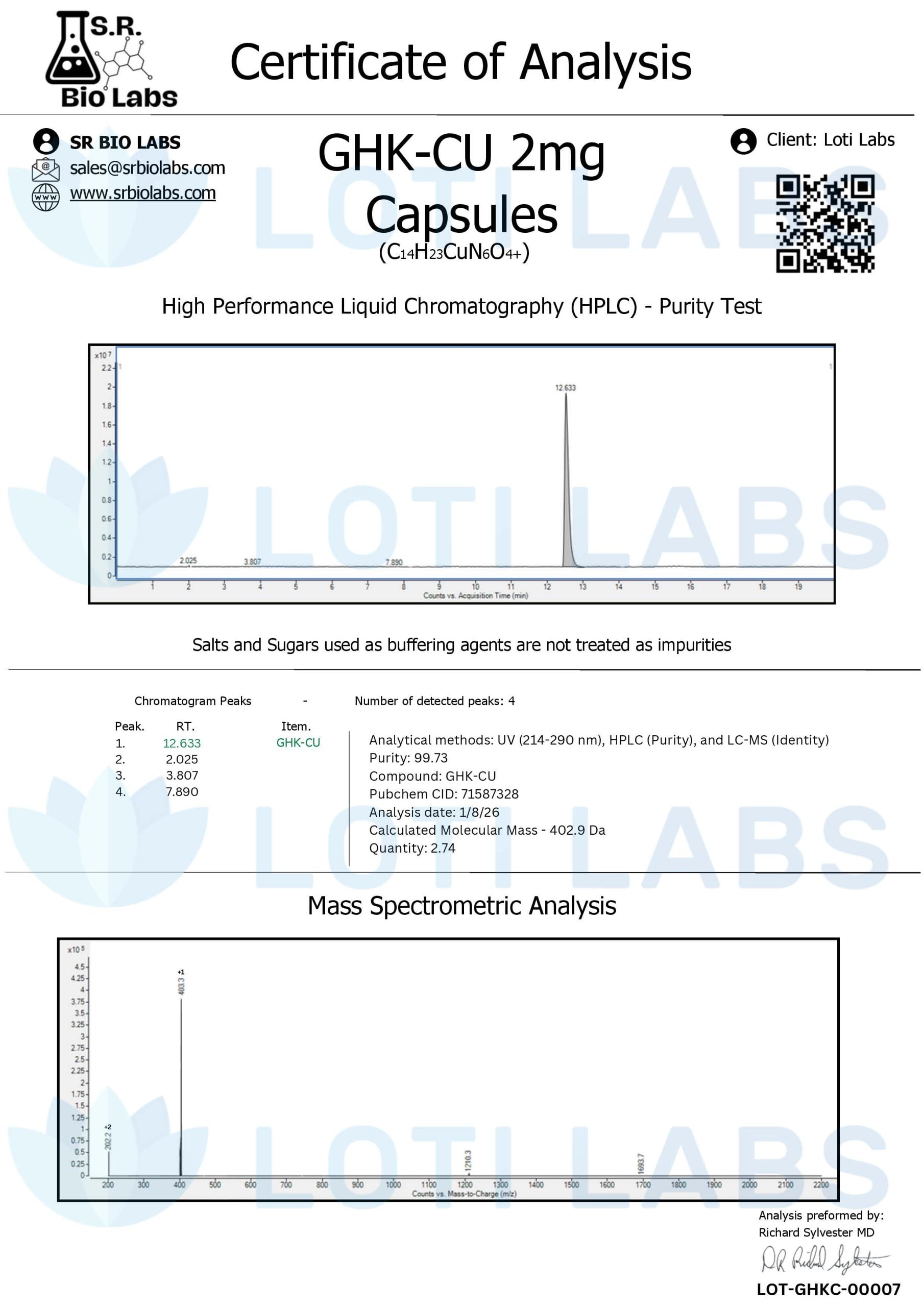 Certificate of analysis for GHK-Cu capsules, tested 2026-01-08, batch LOT-GHKC-00007.