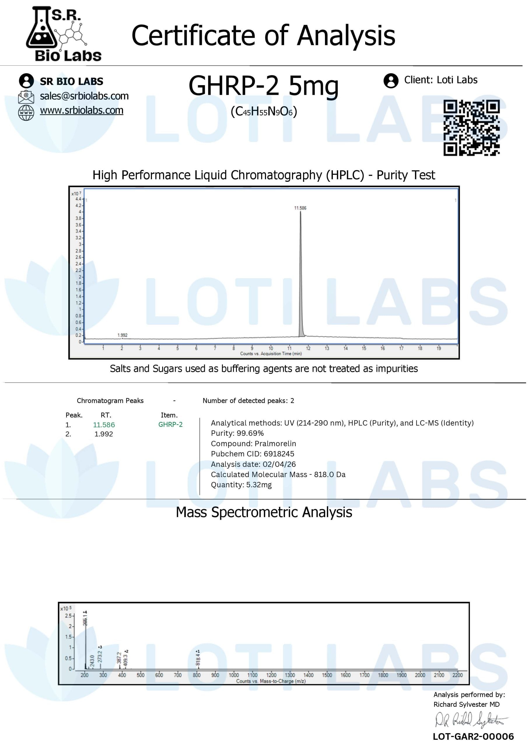 Certificate of analysis for GHRP-2 5mg, tested 2026-02-04, batch LOT-GAR2-00006.