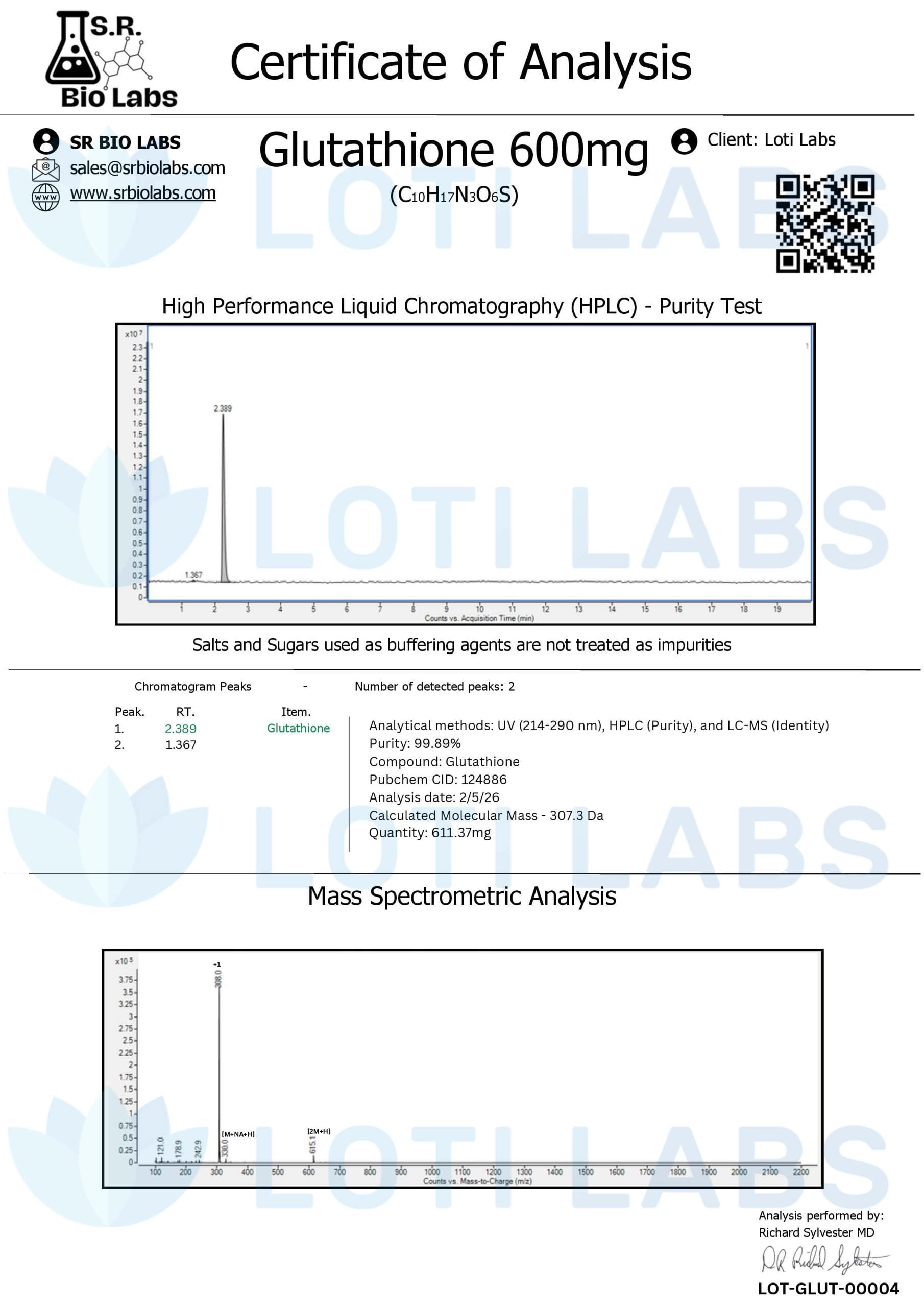 Certificate of analysis for Glutathione 600mg, tested 2026-02-05, batch LOT-GLUT-00004.
