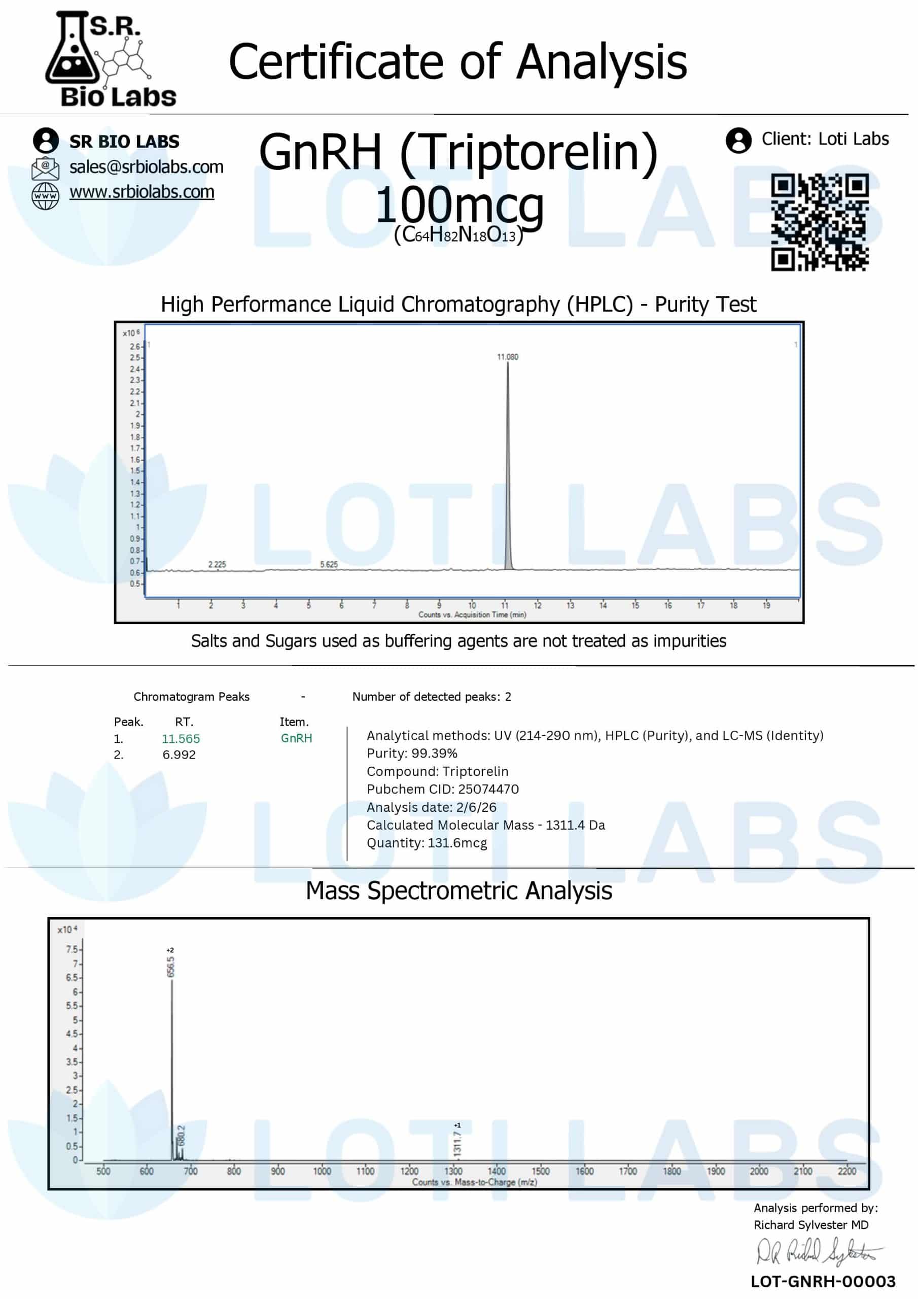 Certificate of analysis for GnRH 100mcg, tested 2026-02-06, batch LOT-GNRH-00003.