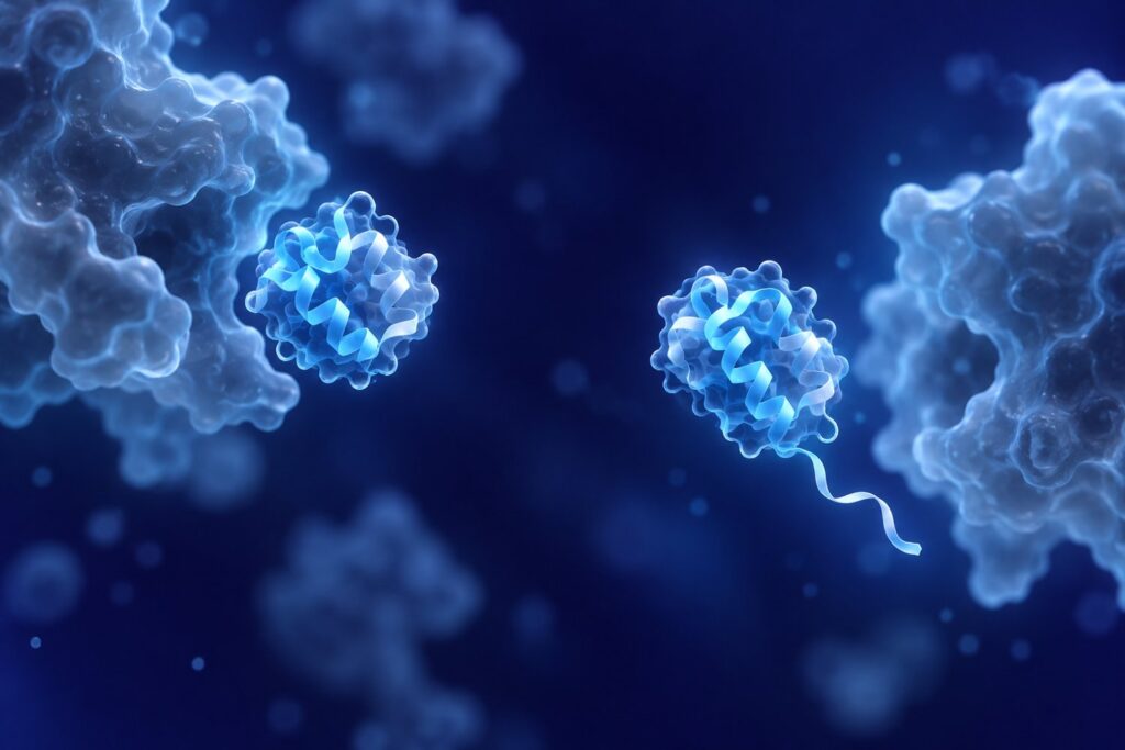 Minimalist illustration comparing a truncated and an extended IGF-1 analog with binding proteins in navy and sky blue