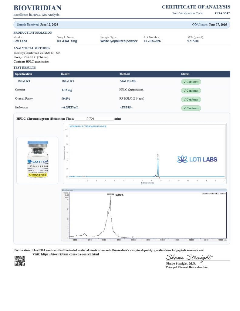 Certificate of analysis for IGF-LR3 1mg, tested 2026-06-17, batch LL-LR3-526.