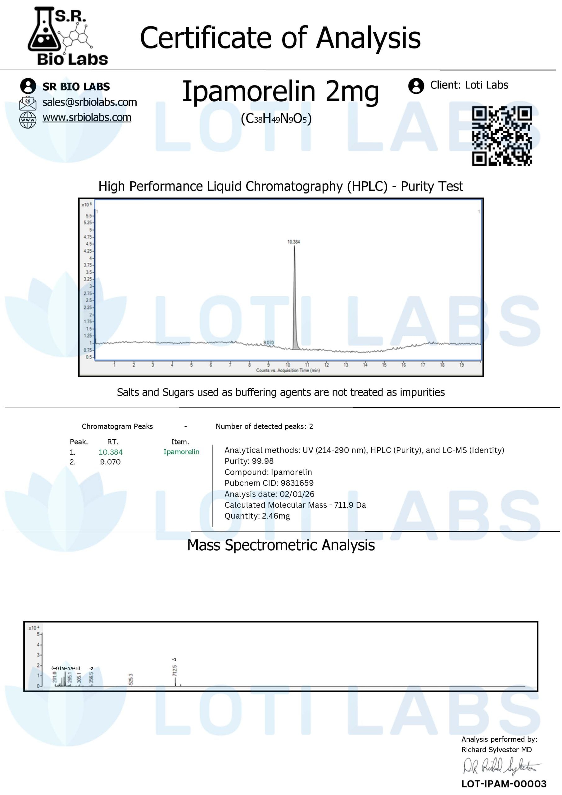Certificate of analysis for Ipamorelin 2mg, tested 2026-02-01, batch LOT-IPAM-00003.