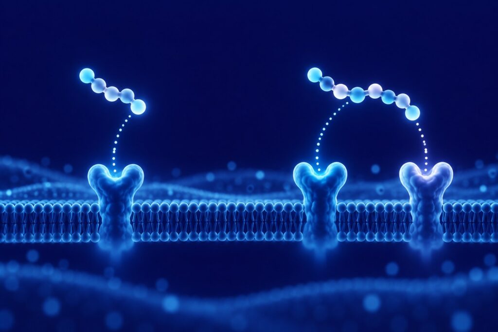 Minimalist illustration of two peptides, one binding a single receptor and one binding two, in navy and sky blue