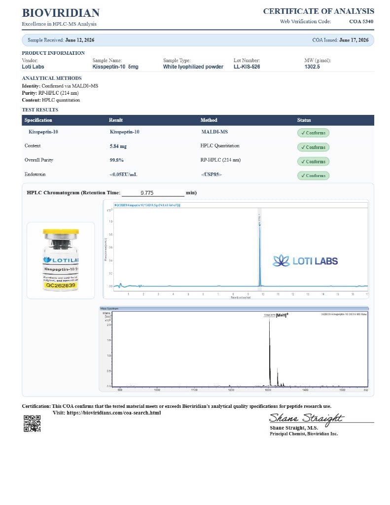 Certificate of analysis for Kisspeptin-10 5mg, tested 2026-06-17, batch LL-KIS-526.