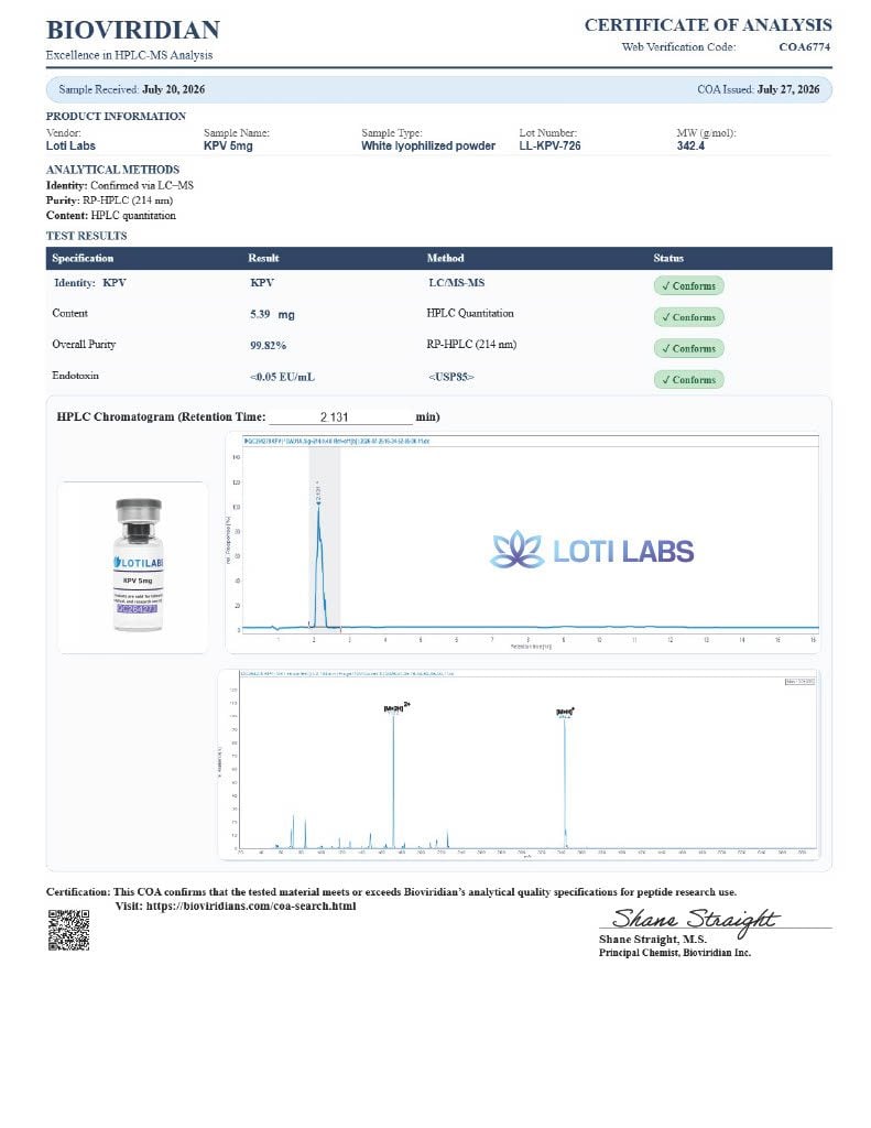 Certificate of analysis for KPV 5mg, tested 2026-07-27, batch LL-KPV-726.