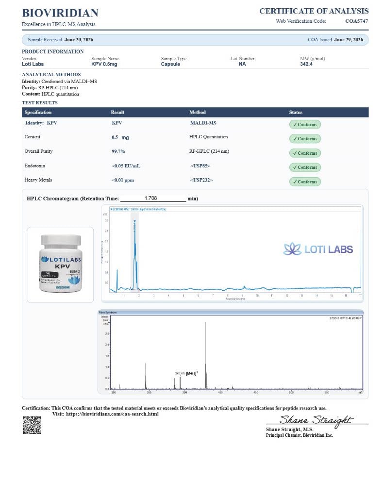 Certificate of analysis for KPV capsules, tested 2026-06-29, batch NA.