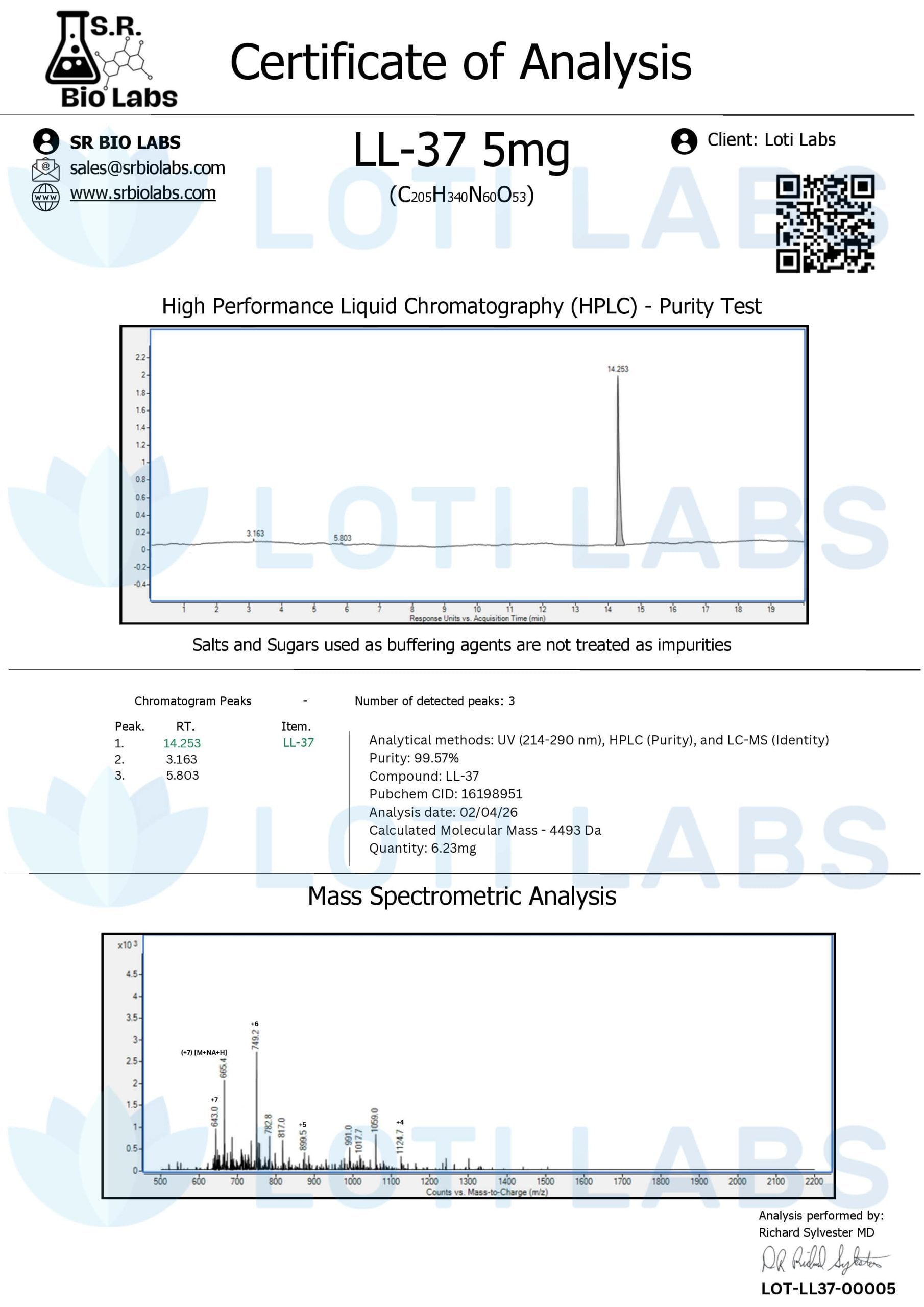 Certificate of analysis for LL-37 5mg, tested 2026-02-04, batch LOT-LL37-00005.