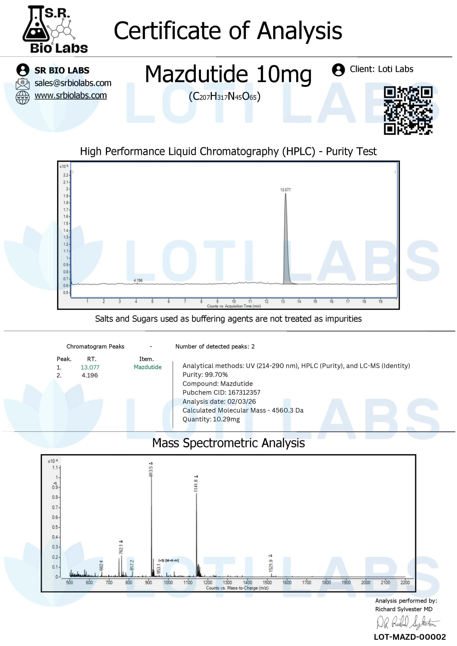 Certificate of analysis for Mazdutide 10mg, tested 2026-02-03, batch LOT-MAZD-00002.
