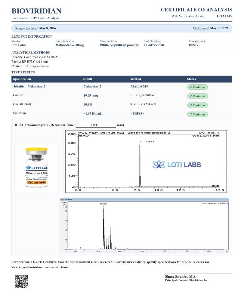 Certificate of analysis for Melanotan-2 10mg, tested 2026-05-17, batch LL-MT2-0526.