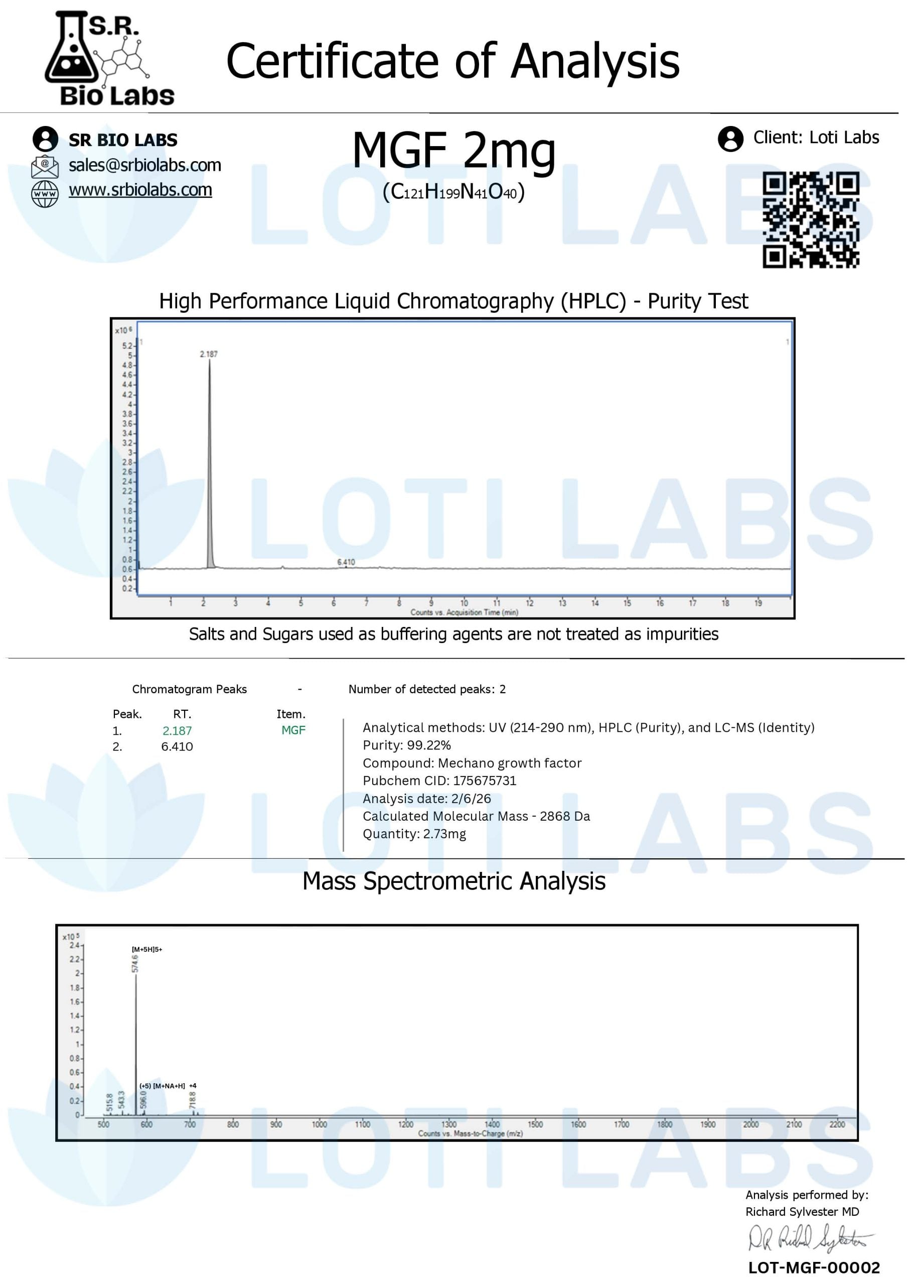 Certificate of analysis for MGF 2mg, tested 2026-02-06, batch LOT-MGF-00002.