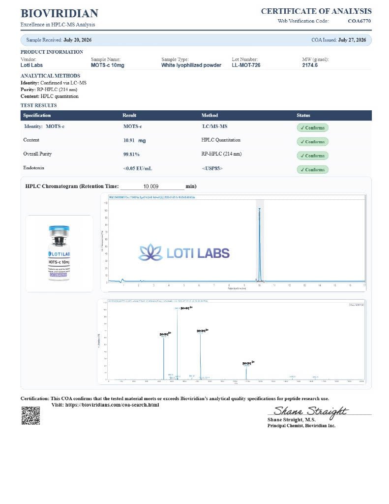 Certificate of analysis for MOTS-c 10mg, tested 2026-07-27, batch LL-MOT-726.