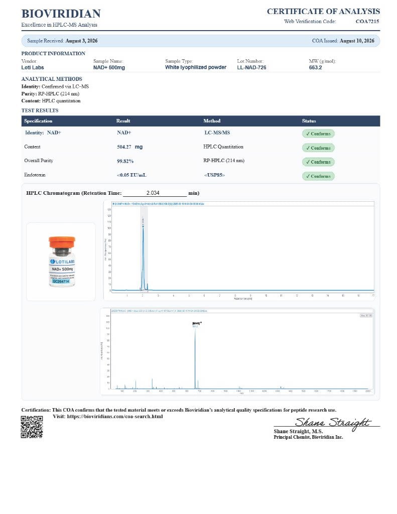 Certificate of analysis for NAD+ 500mg, tested 2026-08-10, batch LL-NAD-726.