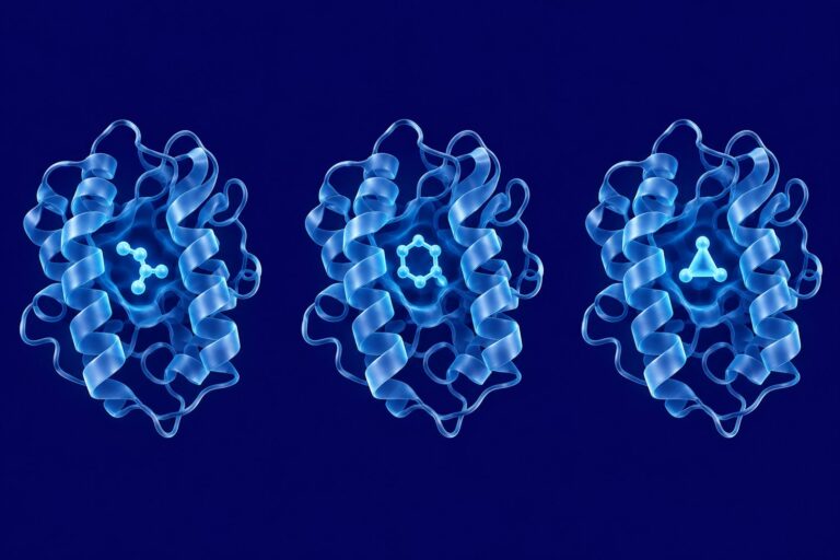 Minimalist illustration of three distinct small-molecule structures beside an androgen receptor in navy and sky blue
