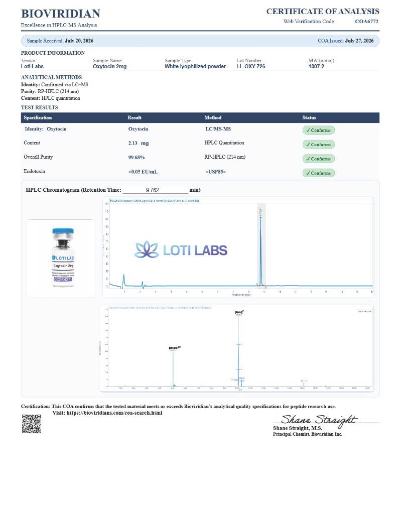 Certificate of analysis for Oxytocin 2mg, tested 2026-07-27, batch LL-OXY-726.