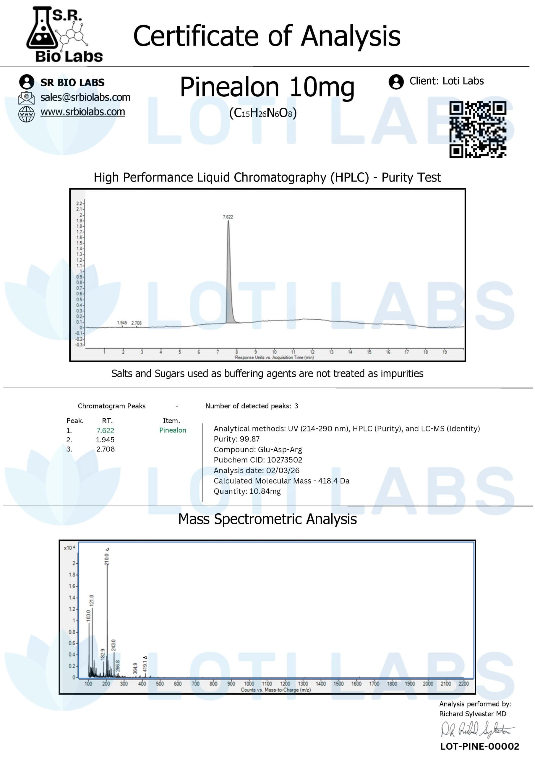 Certificate of analysis for Pinealon 10mg, tested 2026-02-03, batch LOT-PINE-00002.