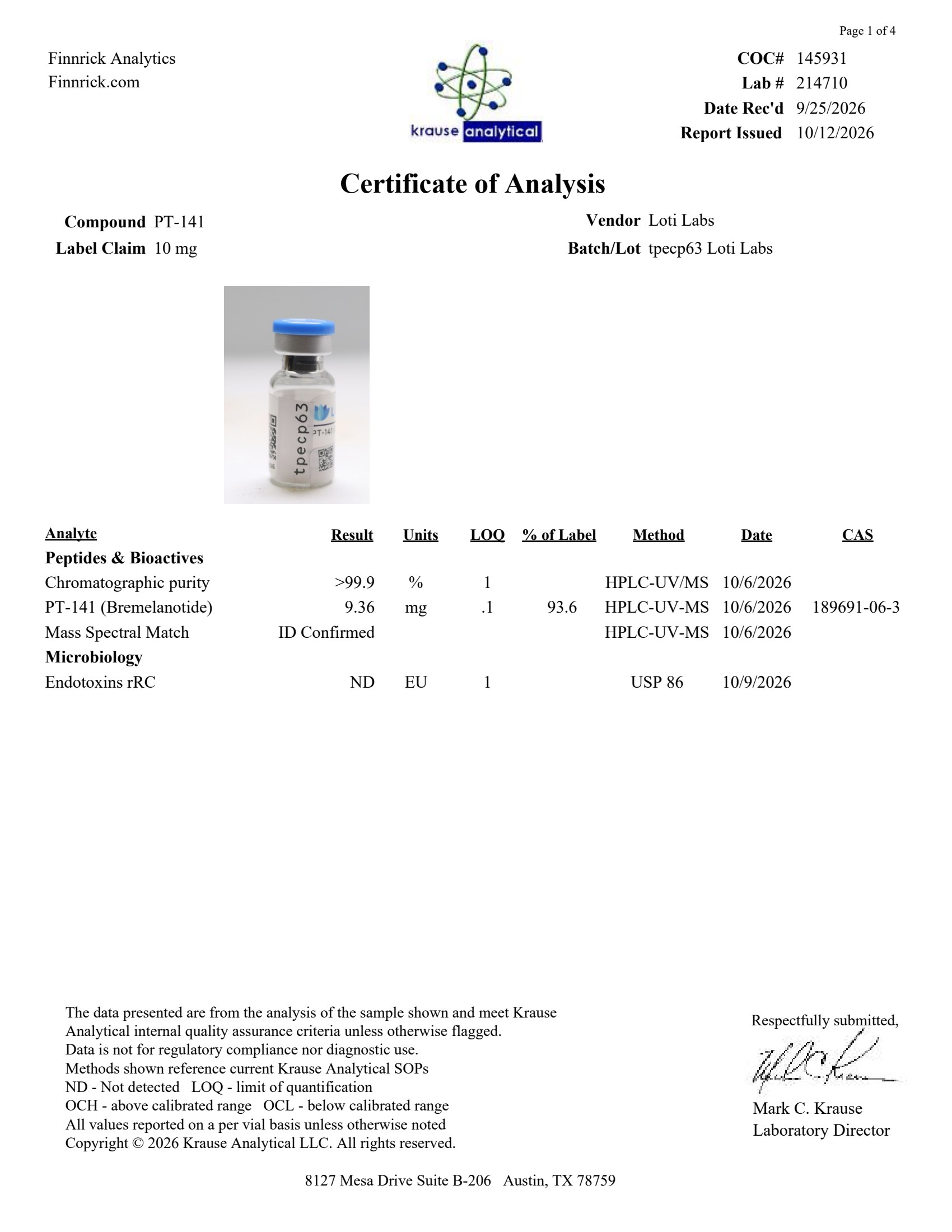 Certificate of analysis for PT-141 10mg, tested 2026-10-12, batch tpecp63.