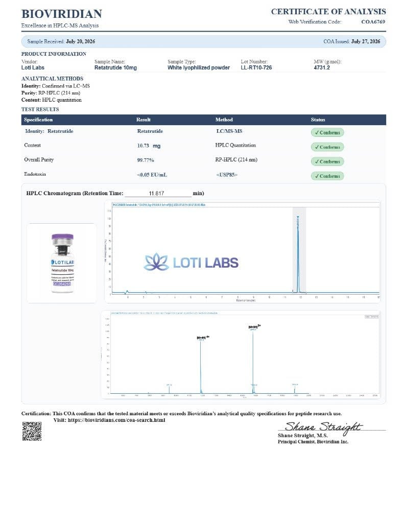 Certificate of analysis for R3TX 10mg, tested 2026-07-27, batch LL-RT10-726.