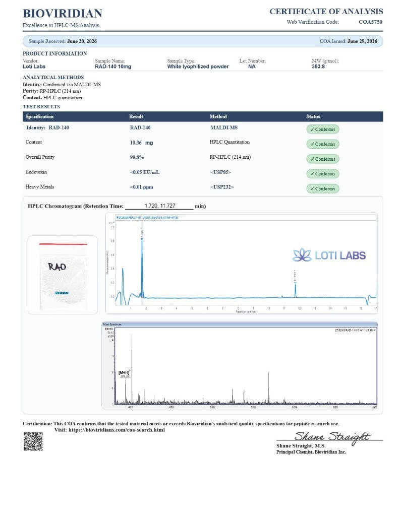 Certificate of analysis for RAD-140, tested 2026-06-29, batch NA.