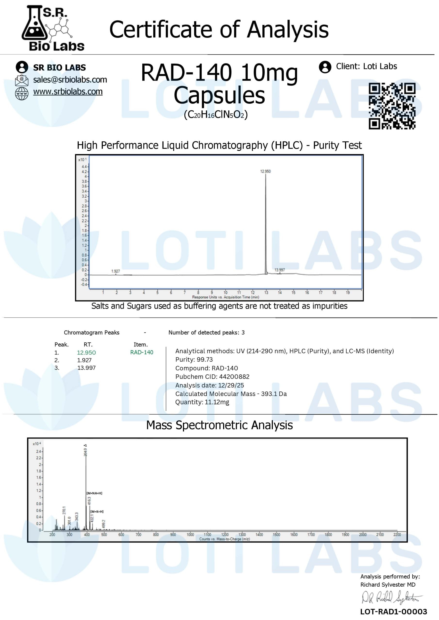 Certificate of analysis for RAD-140 capsules, tested 2025-12-29, batch LOT-RAD1-00003.