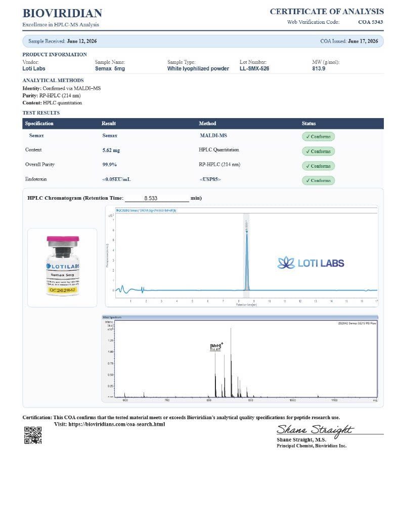 Certificate of analysis for Semax 5mg, tested 2026-06-17, batch LL-SMX-526.