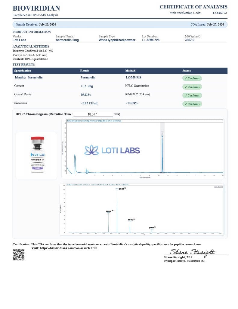 Certificate of analysis for Sermorelin 2mg, tested 2026-07-27, batch LL-SRM-726.