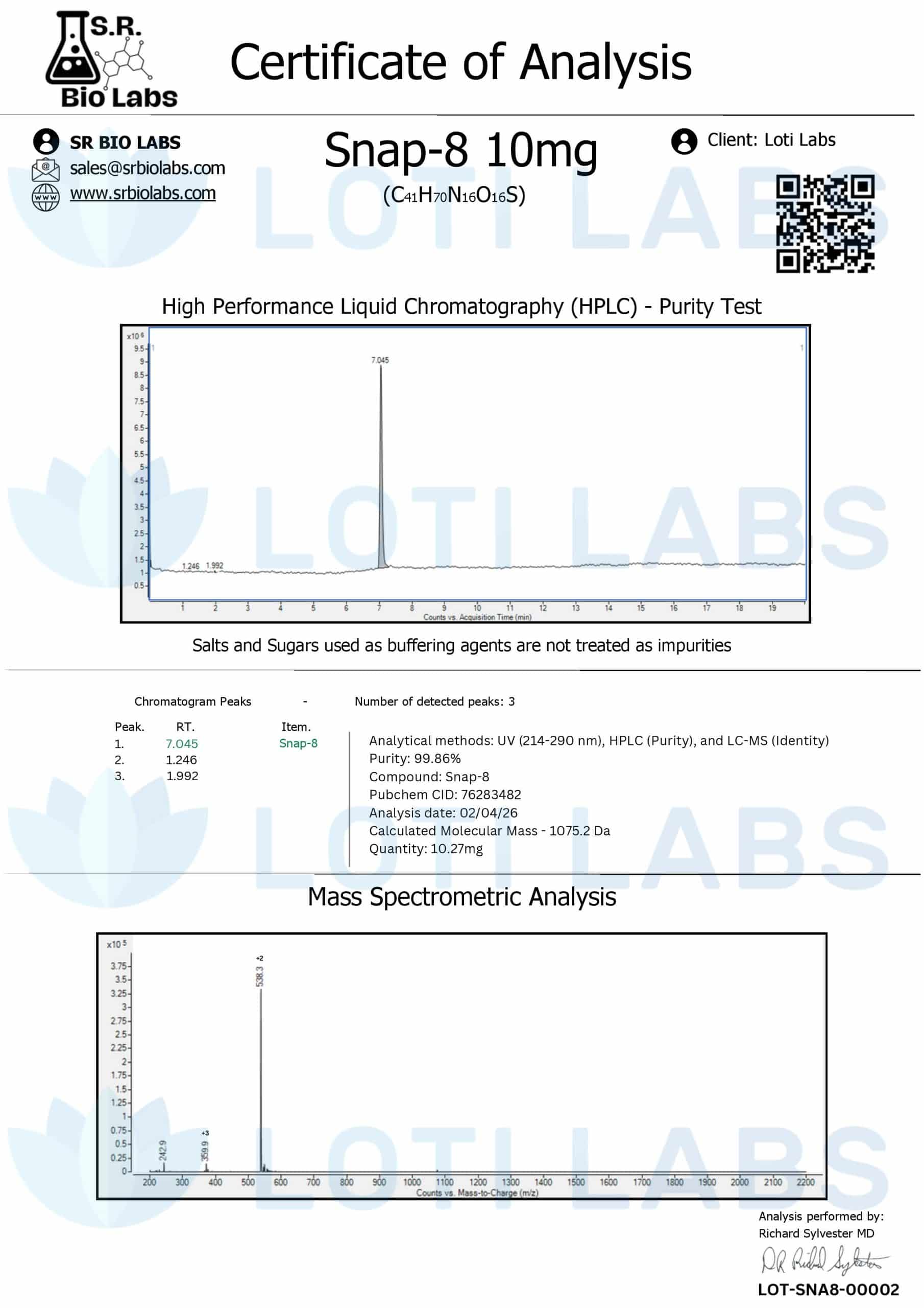 Certificate of analysis for SNAP-8 10mg, tested 2026-02-04, batch LOT-SNA8-00002.