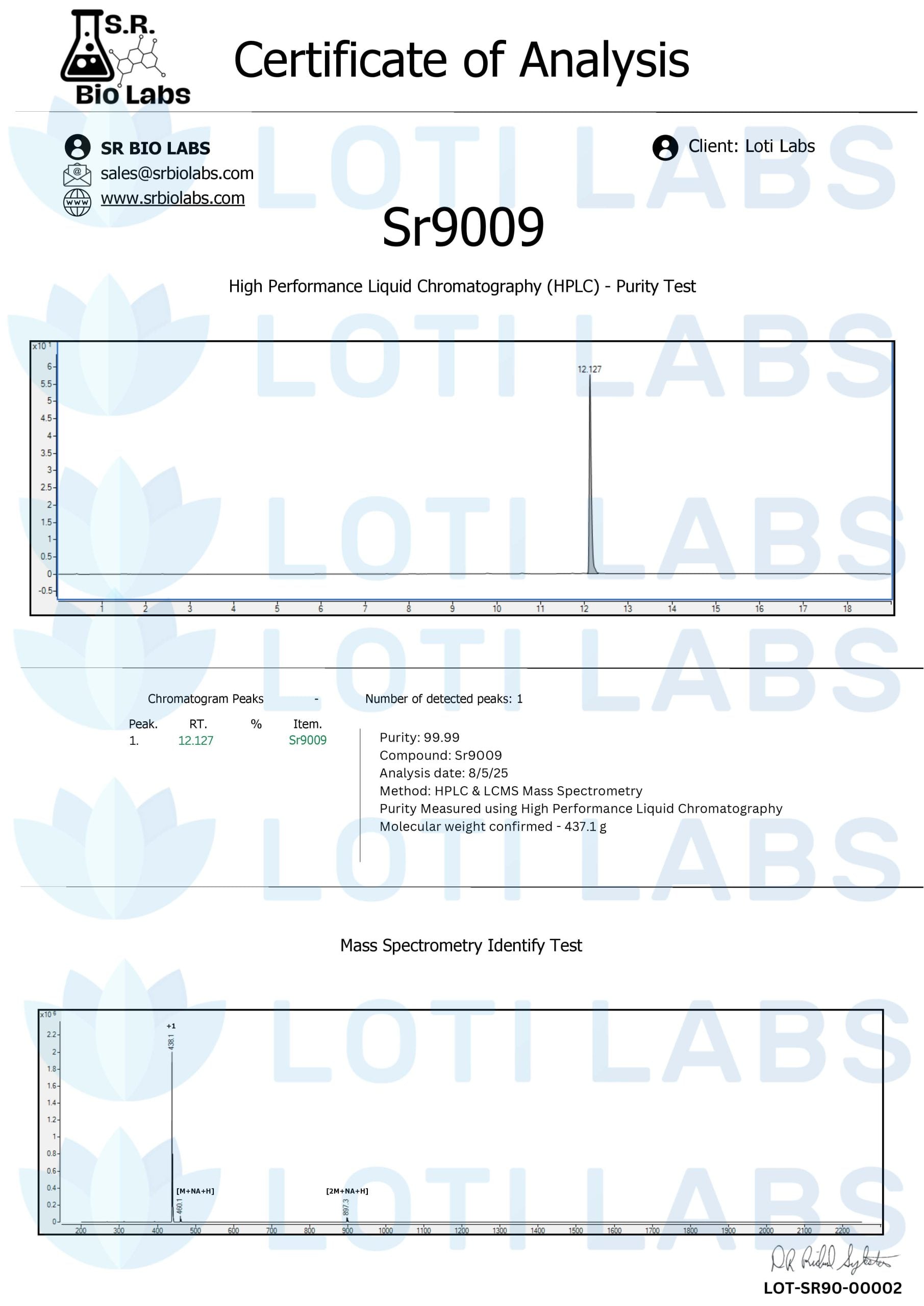Certificate of analysis for SR9009 capsules, tested 2025-08-05, batch LOT-SR90-00002.
