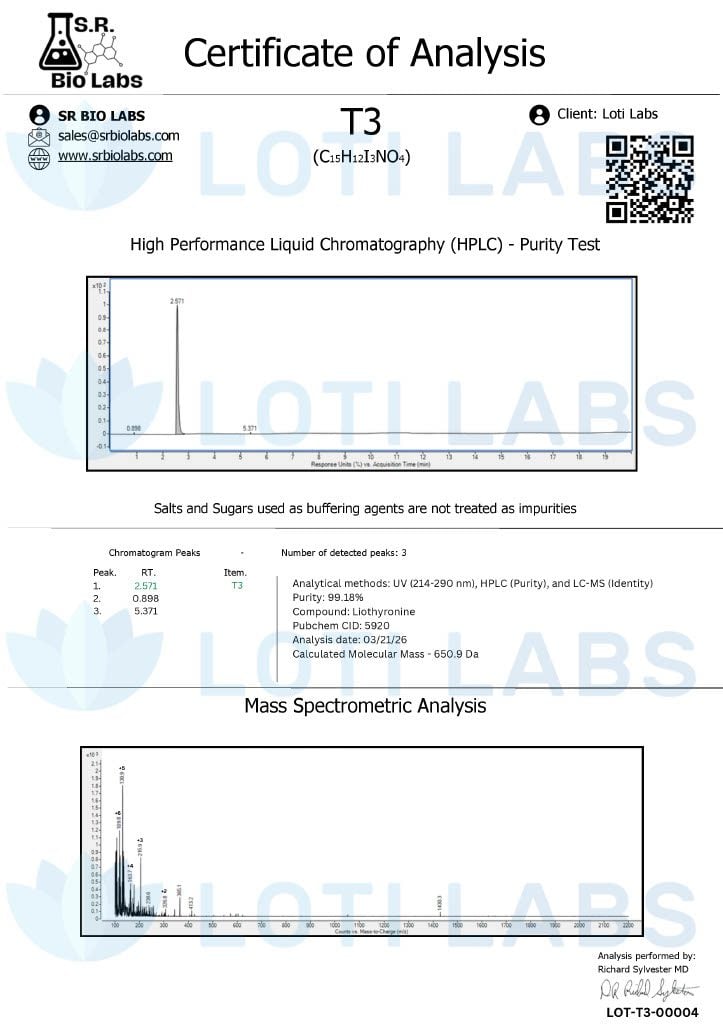 Certificate of analysis for T3, tested 2026-03-21, batch LOT-T3-00004.