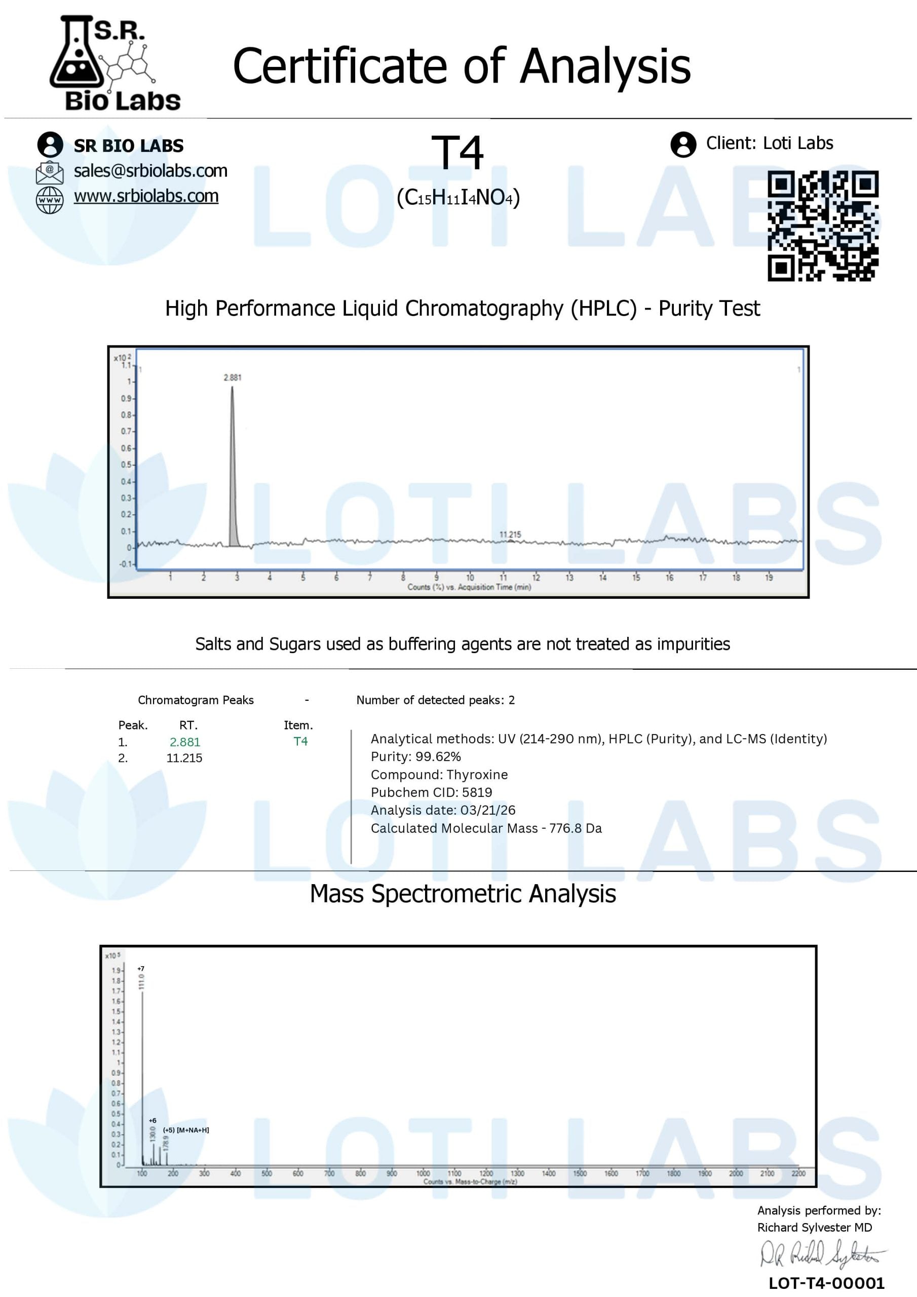Certificate of analysis for T4, tested 2026-03-21, batch LOT-T4-00001.