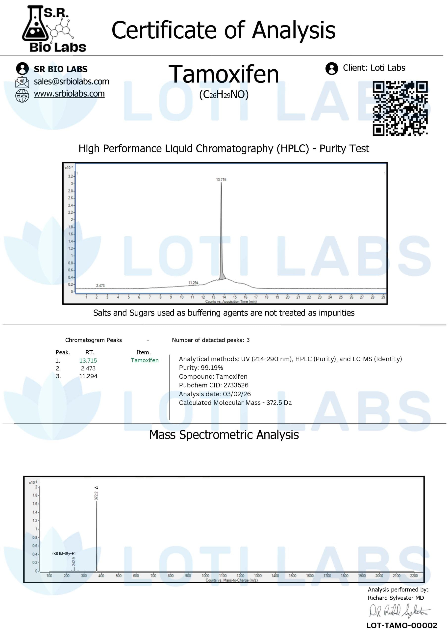 Certificate of analysis for Tamoxifen, tested 2026-03-02, batch LOT-TAMO-00002.