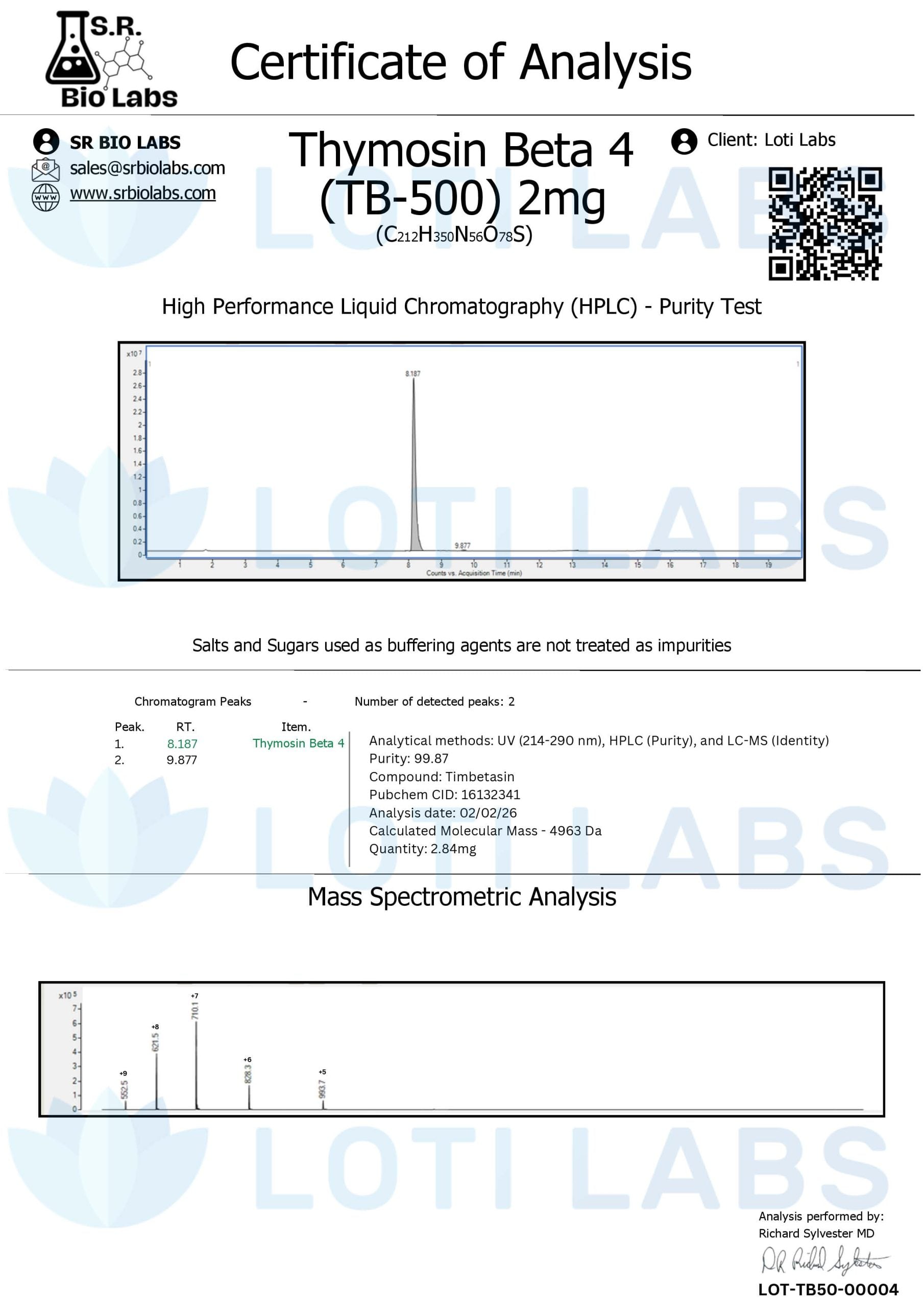 Certificate of analysis for TB-500 2mg, tested 2026-02-02, batch LOT-TB50-00004.